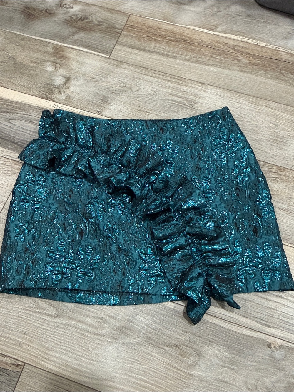 Zara Teal Ruffled Jacquard Mini Skirt